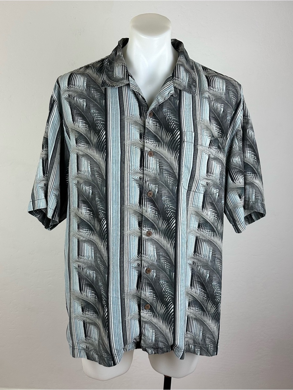 Tommy Bahama 100% Silk Black & Light Blue Palm Stripe Camp Shirt